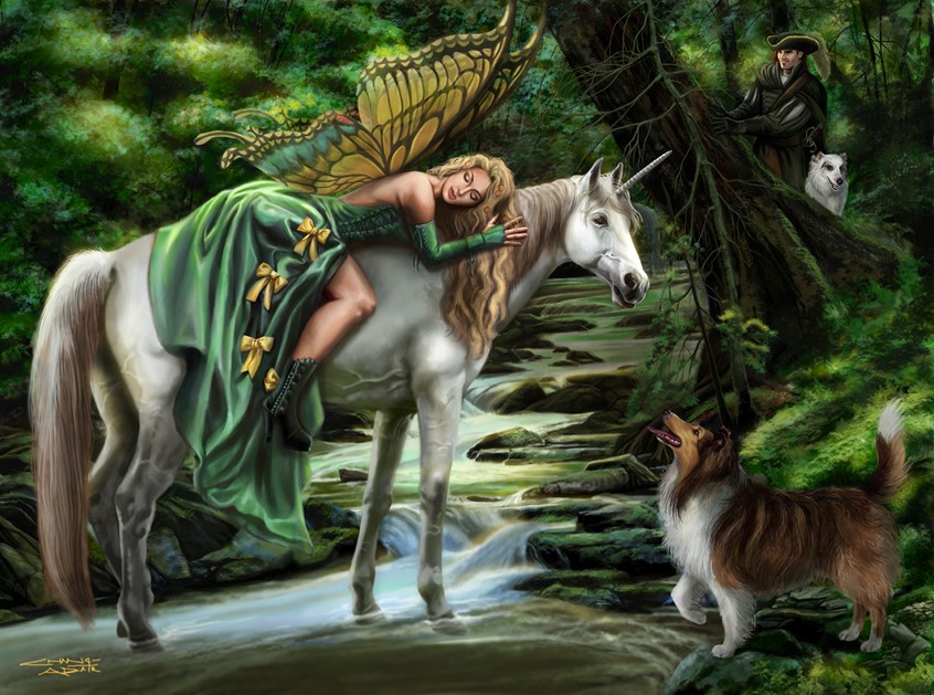 illustration of A sleeping fairy on top of a white unicorn is spied upon by a handsome hunter in the woods by a peaceful brook. He is accompanied by his faithful dogs, a sheltie and an Australain shepherd. She is wearing a long green silk gown and has Monarch butterfly wings and long blonde hair. The motif of a beautiful woman lying on a horse is a favorite, romantic motif. This was published in