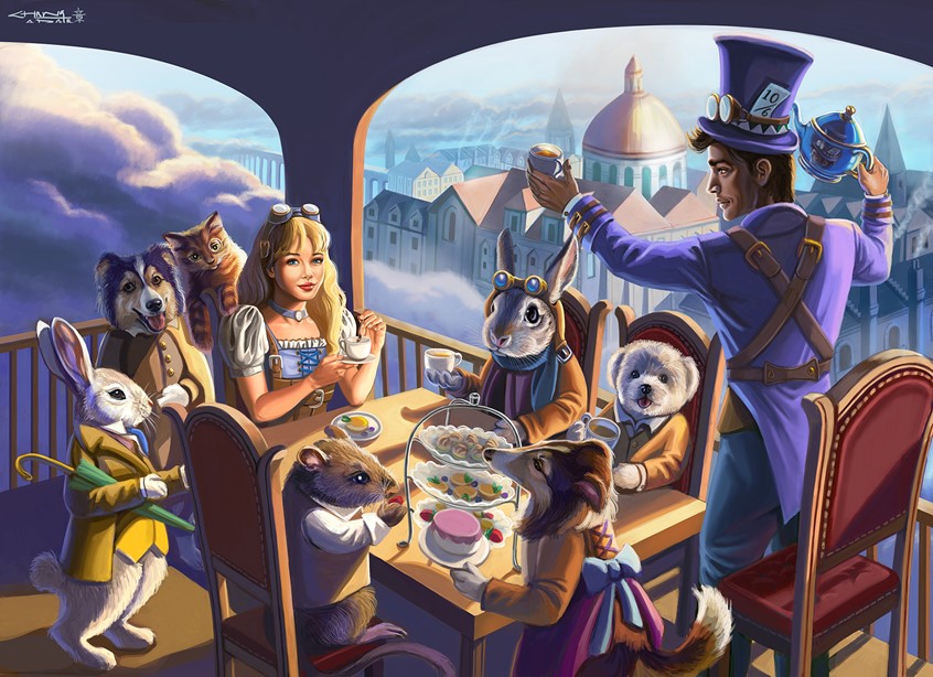 illustration of Steampunk Alice, enjoys a tea party hosted by Madhatter aboard his airship, lying high in the clouds over a Victorian city. Present are the March Hare, the Door Mouse, the Cheshire cat and the White Rabbit. Also included in Lewis Carroll's famous Alice in Wonderland fairy tale are a maltese, a sheltie and an Australian sheepdog.