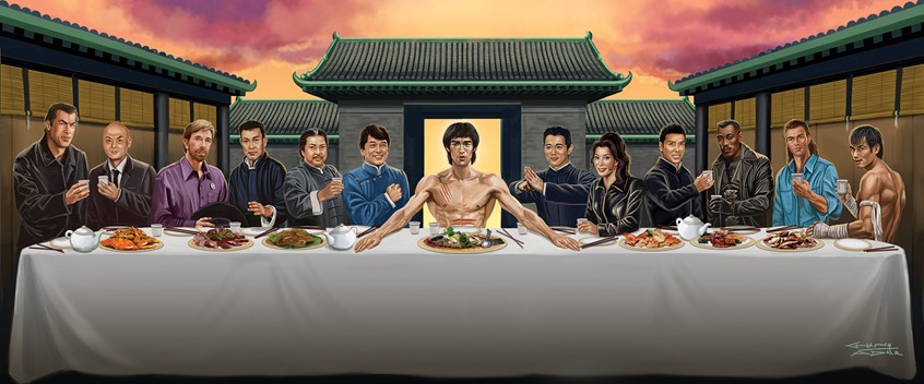 illustration of Bruce Lee is in the center of the Last Supper of the most influential Martial artists in the world (by opinion of the artist who practices kung fu and tai chi). Painted to commemorate the Las Vegas Bruce Lee Convention in 2015. Pictured left to right are Steven Segal, Gordon Liu, Chuck Norris, Yuen Biao, Sammo Hung, Jackie Chan, Jet Li, Michelle Yeoh, Donnie Yen, Wesley Snipes, Tony Jaa and Jean Claude Van Damme. All likenesses are copyrighted by their perspective celebrities.
