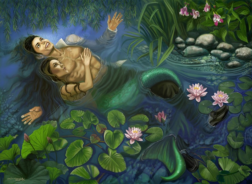 illustration of Michael Jackson and Lisa Marie (as a mermaid) are lying in a shallow lily pond. This was painted to commemorate the third year of MJ's death and was Influenced by John Everett Millais'
