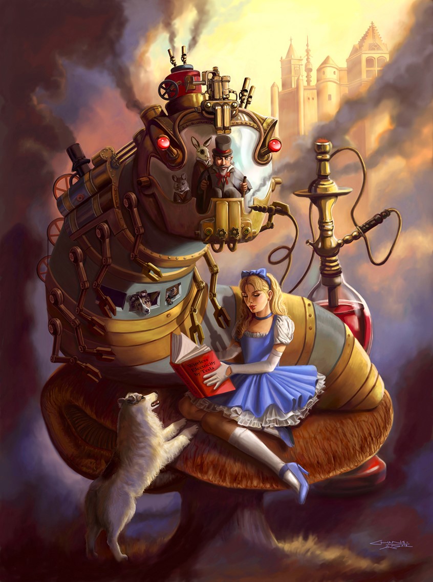 illustration of Alice in Wonderland is seated on a mushroom next to by a giant, Steampunk mechanical caterpillar controlled by the Mad Hatter. Also pictured are the Door Mouse, the March Hare, a sheltie puppy, an Australian shepherd dog, and a turtle. This painting donned the cover of Corel Painter Magazine along with a 6-page tutorial by Sandra. It was also chosen in the 2010 Society of Illustrators Los Angeles Illustration West 48 exhibit and published in Heavy Metal Magazine.