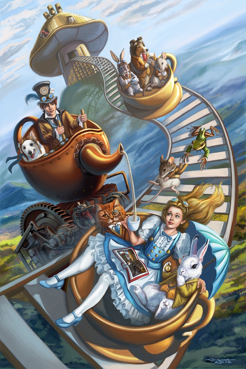illustration of Alice is seated in teacup roller coaster ride with the white rabbit and the smiling Cheshire cat. The Mad hatter and his aviator hatted Australian shepherd is controlling a giant, mechanical tea kettle, pouring tea into the mugs of the characters passing by on the ride. Also pictured are March Hare, the Door Mouse, Sheltie and frog. Lewis Carroll should approve of this whimsical depiction of his famous fairy tale.