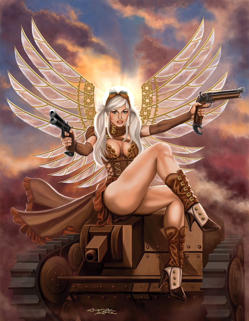 illustration of Beautiful Playboy lingerie model, Veronika Kotlajic, is posed as a glass-winged, bleach blonde Steampunk female warrior brandishing guns while seated on a WWI tank. As a steampunk angel, she is protecting the world from oppression and bravely leading an attack upon the forces of evil as sunset heralds the end of day. This painting graces the cover of SQP's Steampunk Rising: the Art of Sandra Chang-Adair.