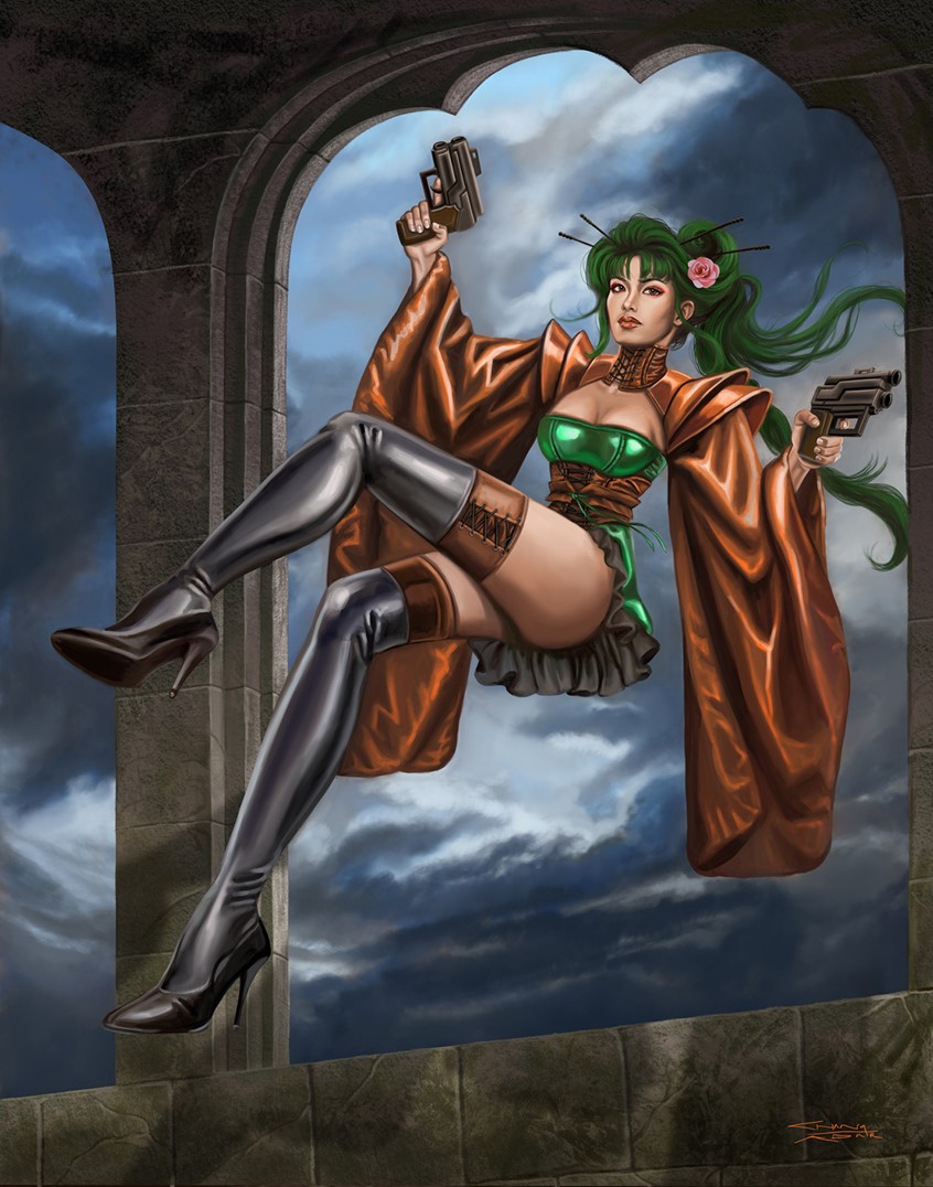 illustration of Akemi, a character from Sandra Chang-Adair's online comic book series, Gothic Geisha, jumps through a window brandishing a pair of pistols. Akemi is a sexy, female, warrior, super heroine fighting for freedom in a sci-fi futristic world ruled by an Authoritarian Government. She is dressed in her latex kimono of copper and green.