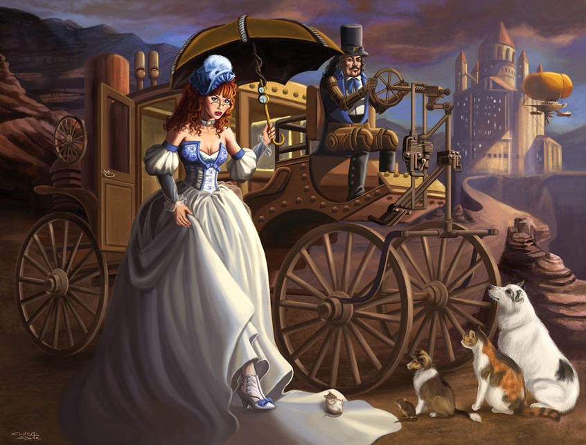 illustration of A Victorian dressed Cinderella is off to the ball in her Steampunk pumpkin carriage with her half-mechanical footman driver. Her little animal companions see her off. They include a Shetland sheepdog puppy, an Australian shepherd, a cat and some mice friends. In the distance, the castle is on a cliff. This is a whimsical, re-imagining of a old, beloved fairy tale.