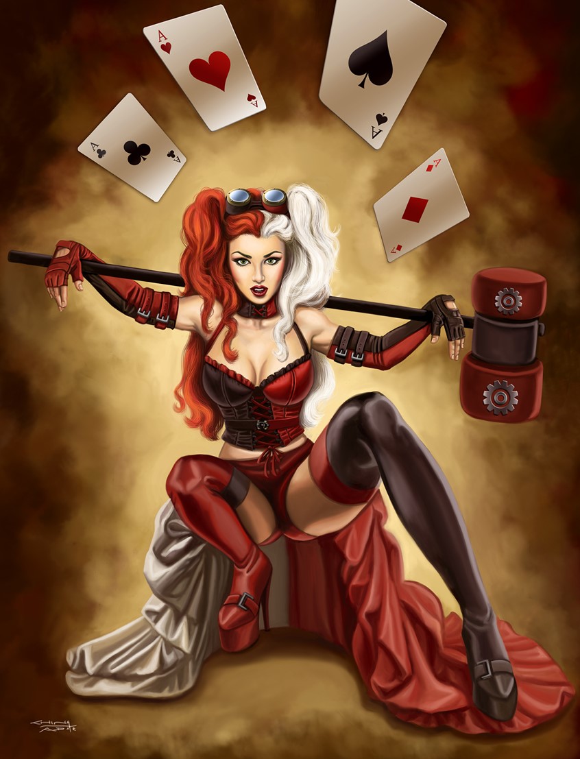 illustration of Beautiful, sexy, Steampunk Harlequin with two-toned red and white pigtails is wearing a Victorian corset, steam punk goggles and long bustle skirt, She wields a large hammer on her shoulders. She is no longer Joker's sidekick, but can hold her own against the masked crusader, Batman. This painting is published in SQP's Steampunk Rising: the Art of Sandra Chang-Adair. Harley Quinn © DC Comics