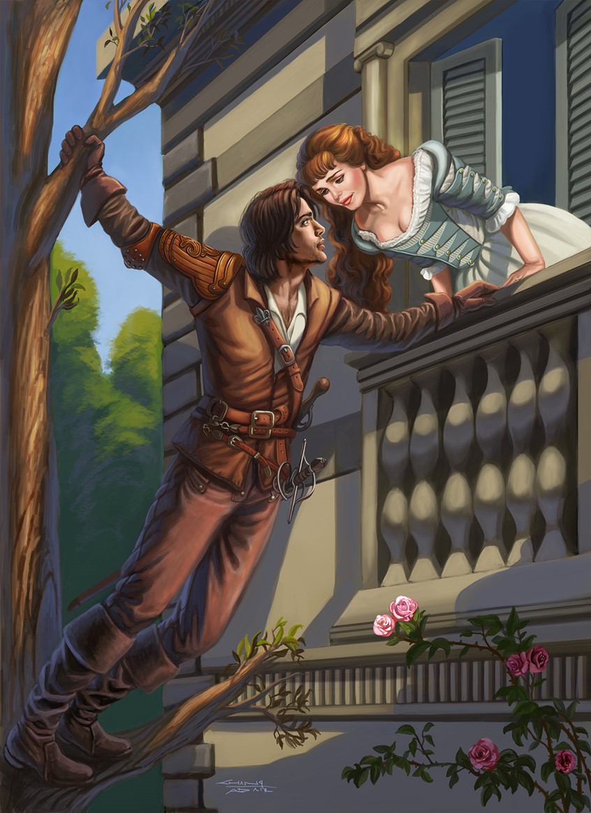 illustration of d'Artagnan and Constance, star-crossed lovers from the BBC's The Musketeers are in a romantic rendezvous. Luke Pasqualino as the dashing, swashbuckling Musketeer, d'Artagnan, and Tamla Kari as beautiful Constance are Ill-fated lovers. d'Artagnan is perched upon a tree and stretched across to the balcony of the Louvre, where Constance reaches out to kiss him in a scene reminiscent of Shakespeare's Romeo and Juliet.
