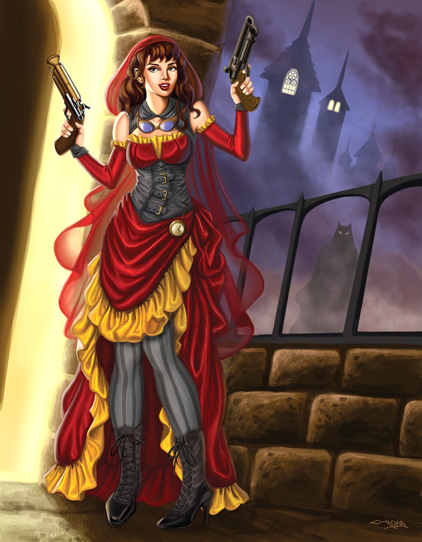 illustration of A Steampunk variation of Little Red Riding Hood, Beautiful and heroic Red is hunting for the wolf in Victorian London with a pair of old fashioned pistols. In the purple haze reveals the wolf, silhouetted from behind in the distance. This art originally appeared in Advanced Photoshop Magazine as a tutorial on how to depict a Steampunk character.