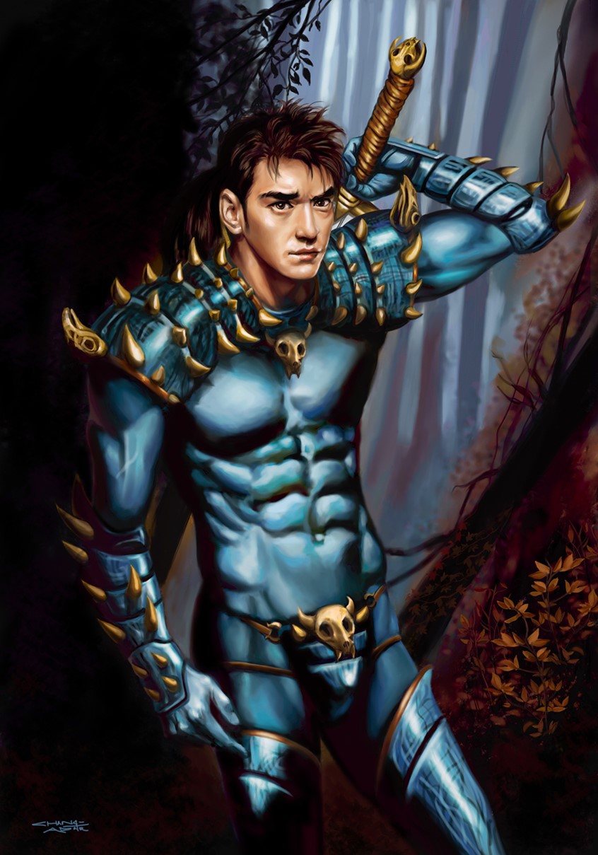 illustration of This handsome, male warrior is based on Hong Kong heart throb, Takeshi Kaneshiro. He is clad in shoulder armor, arm and leg braces, and ready to hunt some vampires. Someone joked that Sandra paints her heroes the way a male comic book artist paints women, with a g-string bikini and armor. I admit this is a sexist piece, but women like their men sexy too.