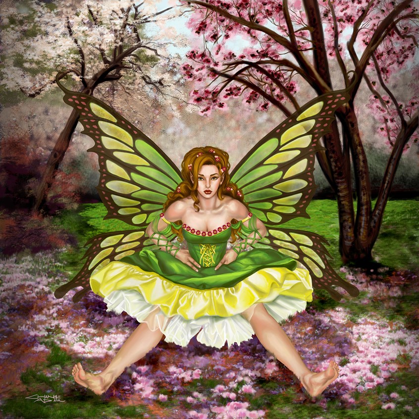 illustration of A lovely, sassy faerie dressed in green is relaxing in an unladylike pose and combing the grass with her bare feet. She looks indignant as if the viewer has interrupted her from her private reveries. Big butterfly wings stretch behind her. The fragrant flowers and pretty trees are painted in the Impressionist style. Perhaps if you had some chocolate bonbons, she would agree to scoot aside and make room for you.