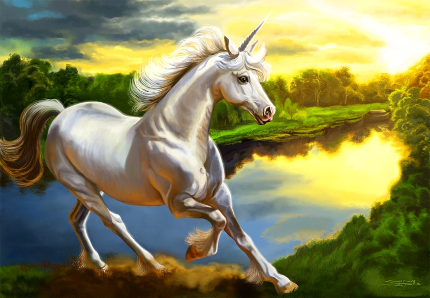 illustration of A beautiful, white unicorn is racing to catch Noah's Ark before the flood, when the rained 40 days and 40 nights. The unicorn was frolicking in the pastures, playing with the phoenix and dragon. Because of his dalliances, he missed the Ark, which is why there are no unicorns that exist today. This was a private commission based on