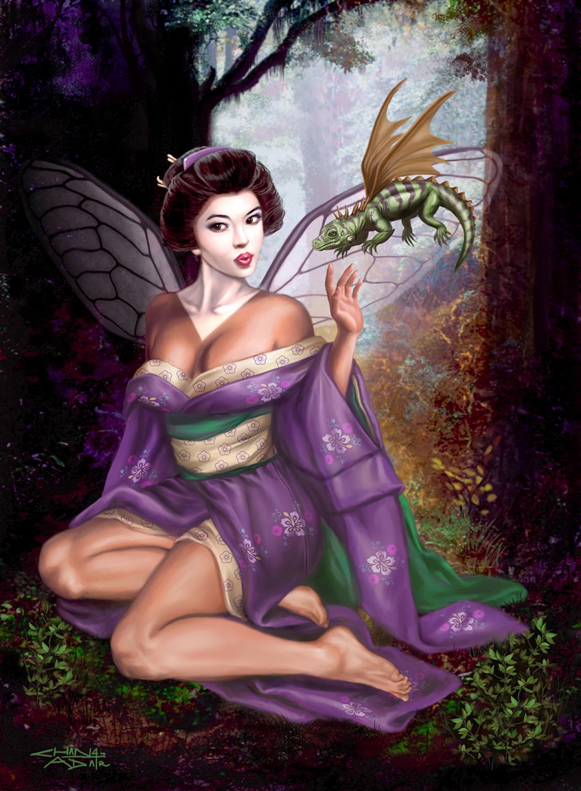 illustration of Beautiful, sexy Japanese, Geisha Fairy blows a kiss to her little pet dragon while sitting along the forest floor. She has dragonfly faerie wings and is adorned in a flower-patterned, purple and green, silk kimono. The woods behind her is influenced by impressionist painters. This painting was published in Ballistics'