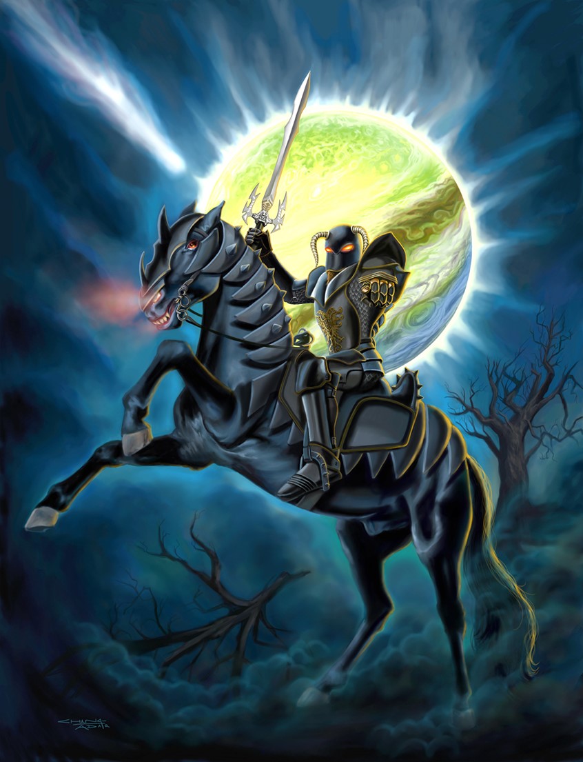 illustration of An evil, black-armored knight, brandishing a sword straddles his rearing black stallion. A equally foreboding planet is in the background and illuminates the blue, night with dead trees. This painting was used as the CD cover for the Heavy Metal rock band, Metal Knights, and features the artist's friend, Robbie Robfogel, on vocals.