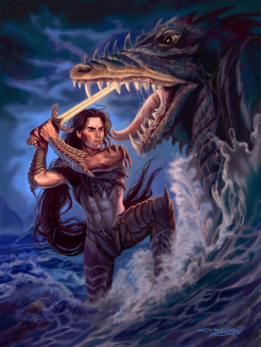 illustration of A handsome, muscular, warrior knight battles a ferocious water dragon by moonlight at the shores of a raging sea. He raises his broad sword, ready to strike down the gaping, sharp-teeth lined mouth of the dragon. The turbulent, ocean waves washes around them. This painting was published in