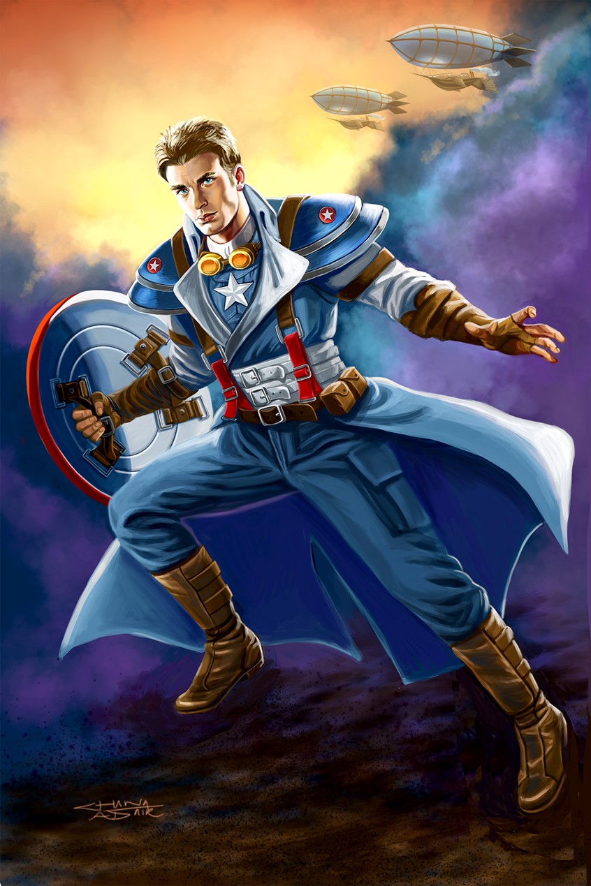 illustration of Chris Evans is Marvel's favorite superhero, Captain America, appears in the Steampunk universe. Cap is wielding his famous stars and stripes vibranium shield. Airships fly above his head as he defends the US against evil.