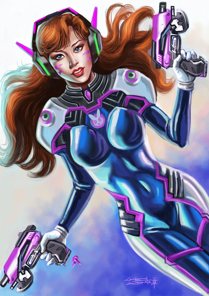 illustration of For the fans of the video game, Overwatch, Sandra Chang-Adair has created a sexy, Asian D.Va. pin-up. D.Va, a former gamer, protects her homeland of South Korea from colossal omnic's devastating invasion. Here she is poised for action and brandishes two deadly guns. Overawatch and D.Va © Blizzard Entertainment.