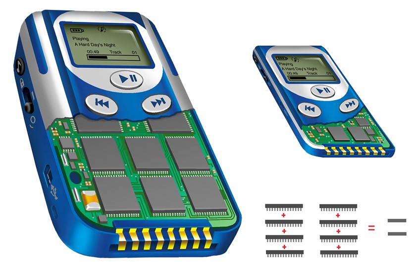 illustration of A large, bulky Mp3 player is cutaway to reveal 8 semiconductor chips being replaced by a smaller microchip, resulting in a smaller, compact Mp3 player. This was a technology painting used in Tessera Holding Corporation advertising in the early 2000's. Tessera is now Xperi Corporation, a firm that licenses technology and intellectual property in areas such as mobile computing, communications, memory and data storage, and three-dimensional integrated circuit (3D IC) technologies.