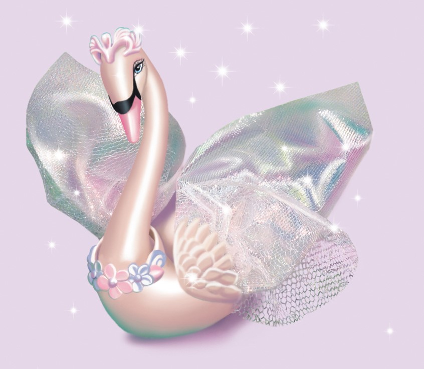illustration of A pink-colored swan with flowers around her neck and wings made out of satin and voile. Odette (Barbie) gets turned into a swan by Rothbart, the evil sorcerer. This swan was based on the animation of the same name and is a game piece from Barbie® of Swan Lake Board Game, manufactured by Mattel Corporation in 2013. The object of the game is to start out as a swan and try to make it to Prince Daniel (Ken). The first one to get to him wins.