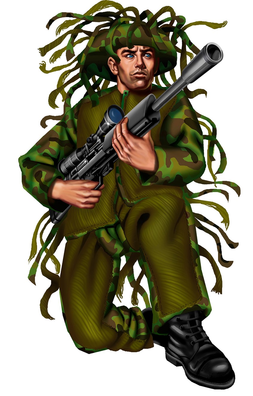 illustration of American Soldier wearing camouflaged military fatigues holding a sniper rifle. This was used on the packaging of a 12-inch action figure manufactured by Armed Forces in 2003.