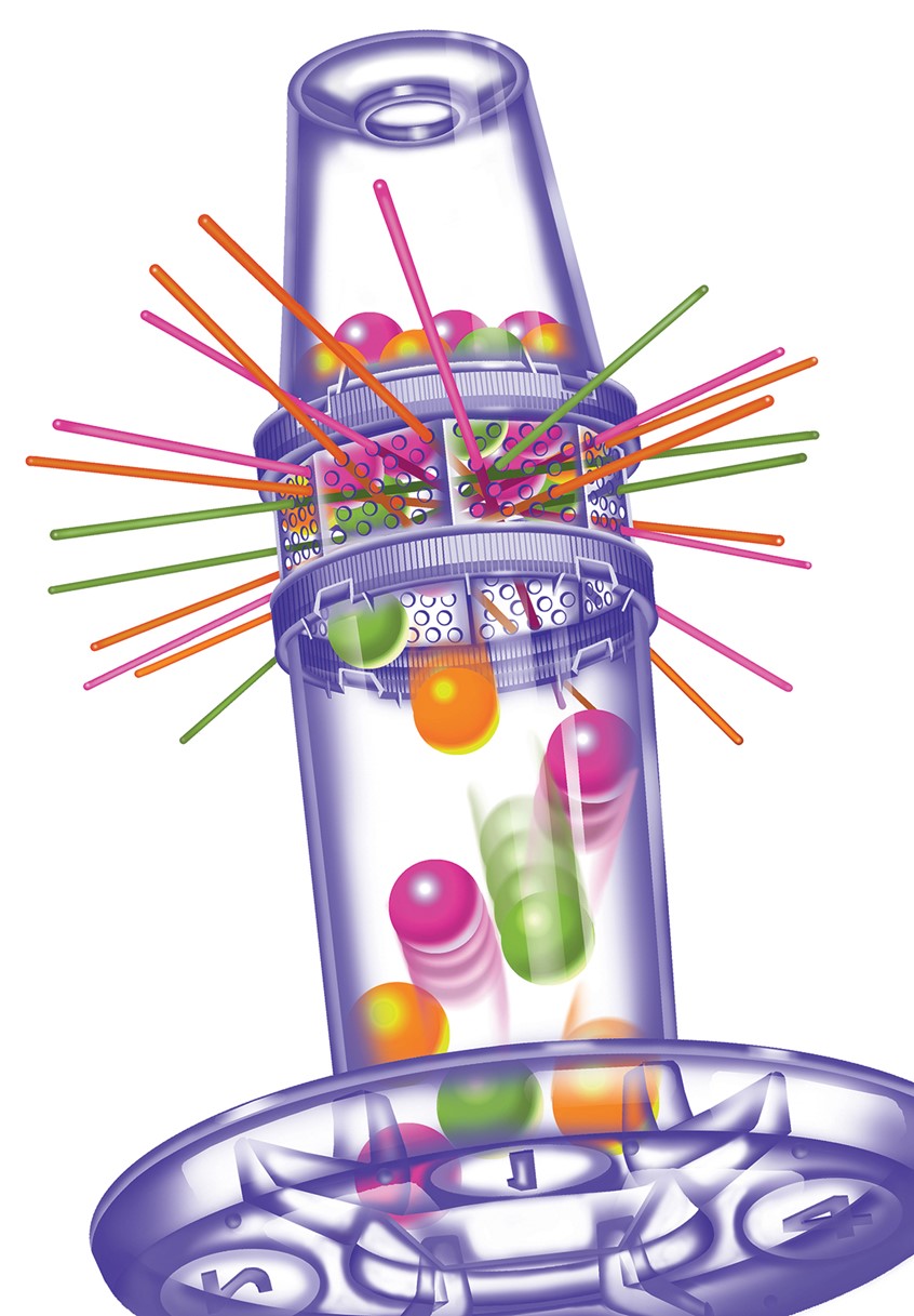 illustration of Created at TransContinuity Studios, this art was penciled by Tony Gleason and colored (painted) by Sandra. It was used for the front packaging of the Kerplunk Toy Game manufactured by Mattel Corporation in 2001.