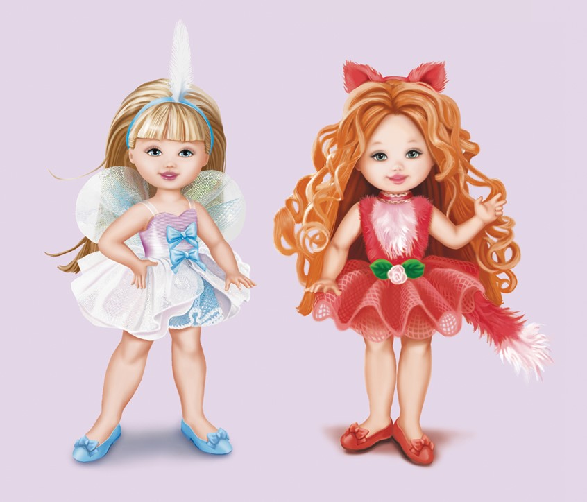 illustration of Kelly, Barbie's little sister, and her little girlfriend are pictured here. Both were denizens of the enchanted forest and were changed into animals by the evil sorcerer, Rothbart. Kelly has blonde hair and is a swan with a feather on her head. Her friend has a ginger hair, and is dressed in red is a cat. Both little girls are game pieces from Barbie® of Swan Lake Board Game, manufactured by Mattel Corporation in 2013.