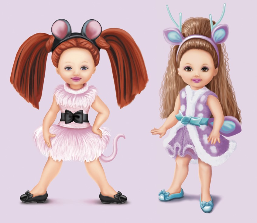 illustration of Two of Kelly's, Barbie's little sister, friends are pictured here. They were turned into animals in the enchanted forest by the evil sorceror, Rothbart. One has red pigtails, wears a furry pink dress and is a mouse. The other girl friend has a light brown hair, dressed in lavender and is a deer. Both characters are game pieces from Barbie® of Swan Lake Board Game, manufactured by Mattel Corporation in 2013.