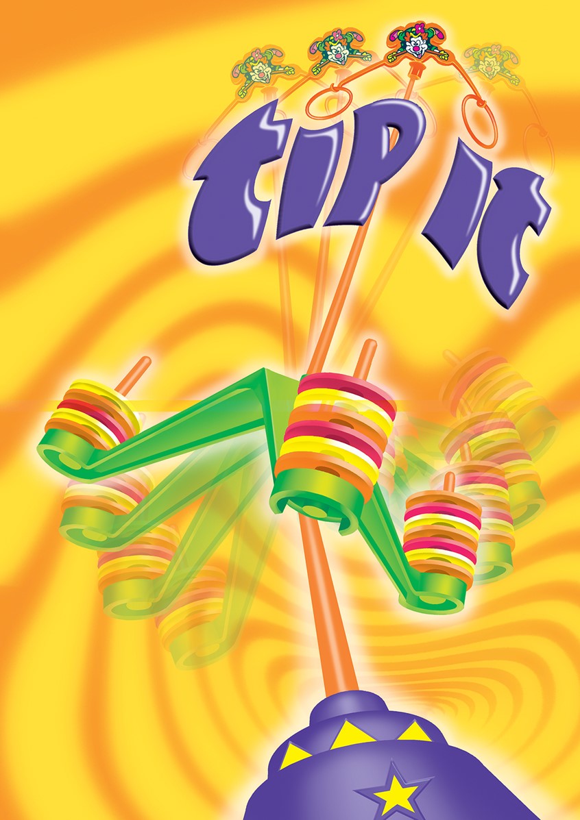 illustration of Created at TransContinuity Studios, this art was penciled by Tony Gleason and colored (painted) by Sandra. It was used as front packaging for the Tip-it Table-top Board Game, manufactured by Mattel Corporation in 2001.