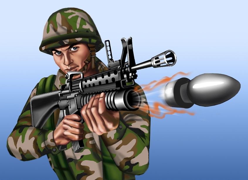 illustration of American Army Soldier wearing camouflaged uniform is shooting a rocket propelled grenade launcher. An explosive charge flies out of the gun. This was used on the packaging of a 12-inch action figure manufactured by Armed Forces in 2003.