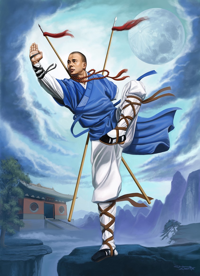 illustration of This is a portrait of Sandra's kung fu instructor, Sifu Xing-Wei, a 32nd generation Shaolin Monk in 2012. The painting was commissioned to commemorate the seventh anniversary of the school, Shaolin Kung Fu Chan. It pictures Xing-Wei displaying his martial arts prowess with double spears on top of a mountain in China. Clouds circle him and a moon shines in the distance. Behind him is the famous Shaolin Temple.