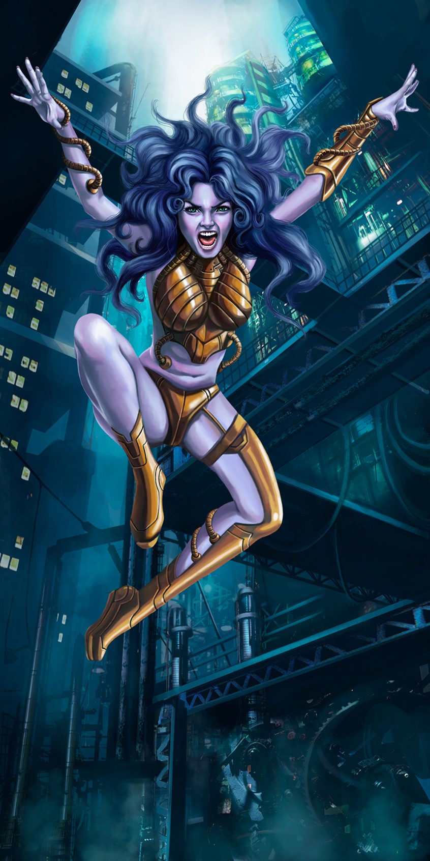 illustration of Created for the The Phase Role-playing Collectible Card Game (CCG) by Alderac Entertainment Group. Sandra created several cards for the Phase Series. The card features the Banshee character, a female villain. She is adorned in gold armor and leaping in the air and screaming. Her mane of wild, blue hair flies in manic directions. The futuristic, sci-fi background is a study in environment design and was not pictured in the published card.