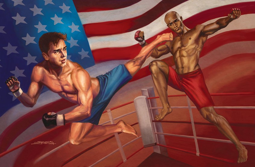 illustration of This was published in Inside Kung-Fu Magazine for an article on Ultimate Fighting Championship (UFC) in the United States. Two combatants are fighting in the ring, with the American flag behind them. The opponent delivering the flying side-kick is inspired by Russell Crowe and the defender blocking with a knee is modeled after Taye Diggs. Sandra was the staff artist for the magazine from 2003 - 2007. Sandra practices Shaolin kung-fu and tai-chi in her free time.