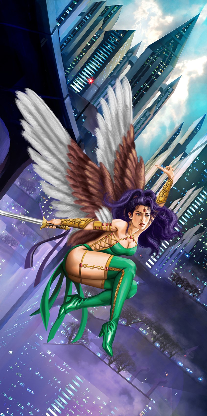 illustration of Created for the The Phase Role-playing Collectible Card Game (CCG) by Alderac Entertainment Group. Sandra created several cards for the Phase Series. The card features a beautiful, flying purple-haired heroine character. She is adorned in gold arm braces, green latex bodysuit and boots. She brandishes a straight sword. Her majestic, feathered, bird wings unfurl behind her. The futuristic, sci-fi background is a study in environment design and was not pictured in the published card.