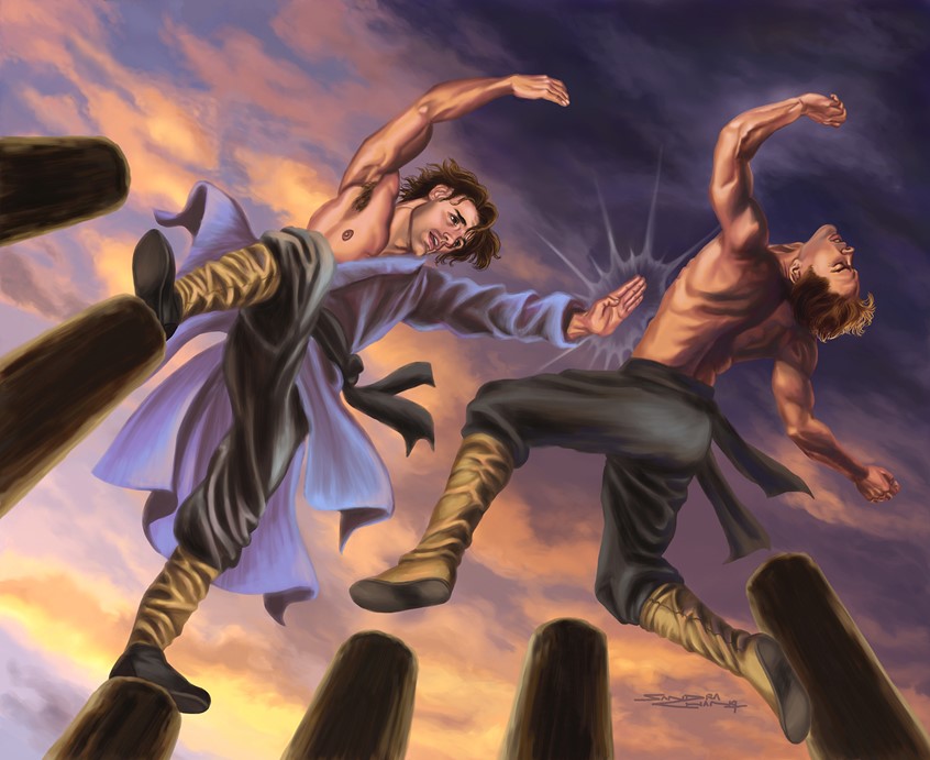 illustration of Two martial arts masters battle on plum blossom poles against a sunset. The victorious kung fu master dispatches his opponent with a tai-chi palm strike. This was published in Inside Kung-Fu Magazine for an article on TaiChi. Sandra was the staff artist for the magazine from 2003 - 2007. She practices Shaolin Kung-fu and Taichi and her master is a 34th generation Shaolin Monk from China.