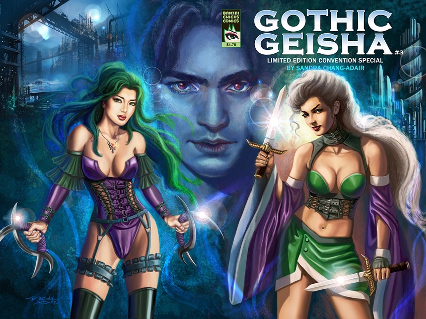 illustration of Two sexy female heroines grace the cover of issue 3 of Gothic Geisha comic book. Akemi, the sexy, green-haired female rebel brandishes deer horn knives and Lisolette, the platinum blonde, wields double daggers. The male protagonist, Kenji, is featured in the background. This is a limited edition convention special of Sandra's online sci-fi comic, Gothic Geisha, about rebels fighting against an Authoritarian government in a future dystopia. Sandra is the creator/writer/artist.