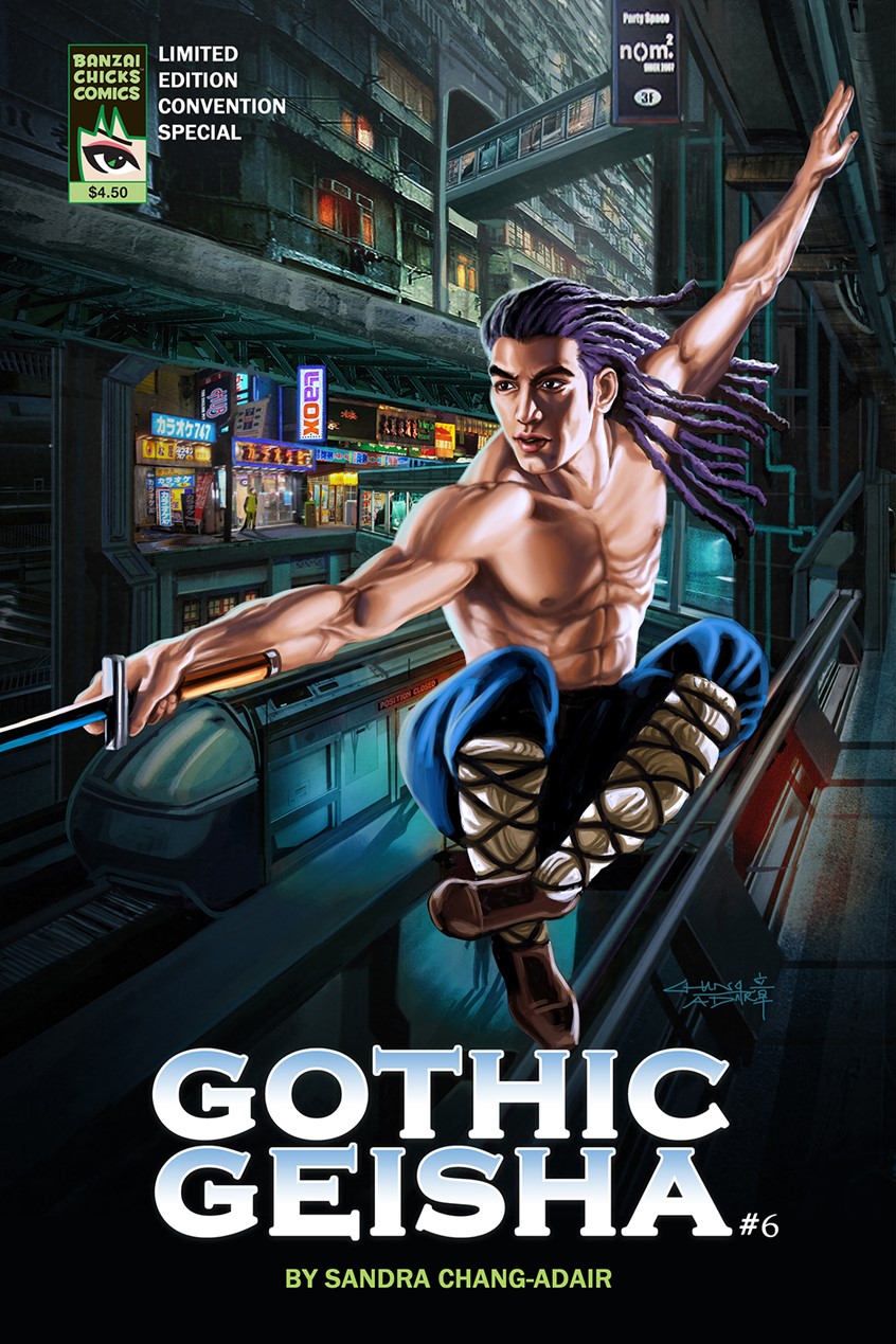 illustration of Kenji, the heroic, Asian martial arts protagonist, is jumping in the air and stabbing with a straight sword. His purple dreadlocks stream behind his head. Behind him is the futuristic city known as the Unopolis. This is the cover of a limited edition convention issue of Sandra's online sci-fi comic, Gothic Geisha, about rebels fighting against an Authoritarian government in a dystopia. Sandra is the creator/writer/artist.