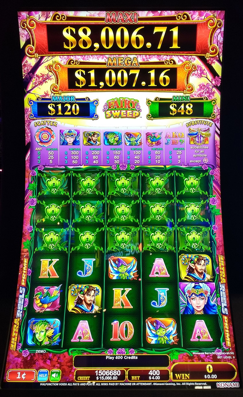 illustration of Fairy Sweep is a full-screen slot machine game that features a Fairy theme. Parts of the game screen is locked and will unlock when three or more symbols are in a row. Sandra was responsible for all the artwork except the logo and standard Konami card symbols. She painted the pink, enchanted forest background. Among the pic symbols are a handsome, masculine centaur, a pointy-eared elf, a gnome riding a bird, the beautiful Fairy Queen and a dryad (tree person). This is the Primary Game.