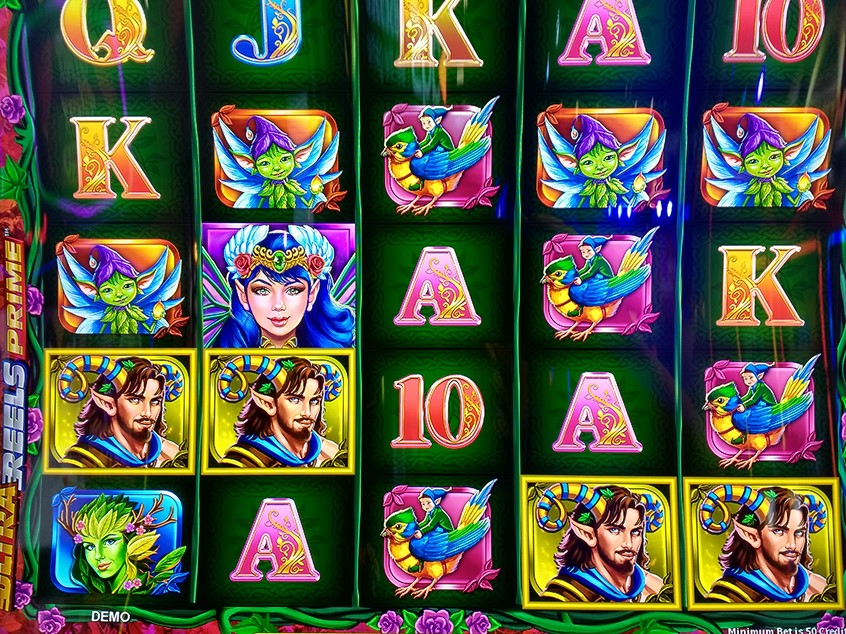 illustration of This is a close up of the Fairy Sweep Konami Slot Machine game. Sandra's Pic symbols are members of the Fairy Kingdom and inhabitants of the enchanted forest. Pic A is the beautiful Fairy Queen, Pic B is the handsome male Satyr, Pic C is the Female Dryad (tree person), Pic D is the Brian Froud inspired, pointy-eared, green elf, and Pic D is the gnome riding a bird.