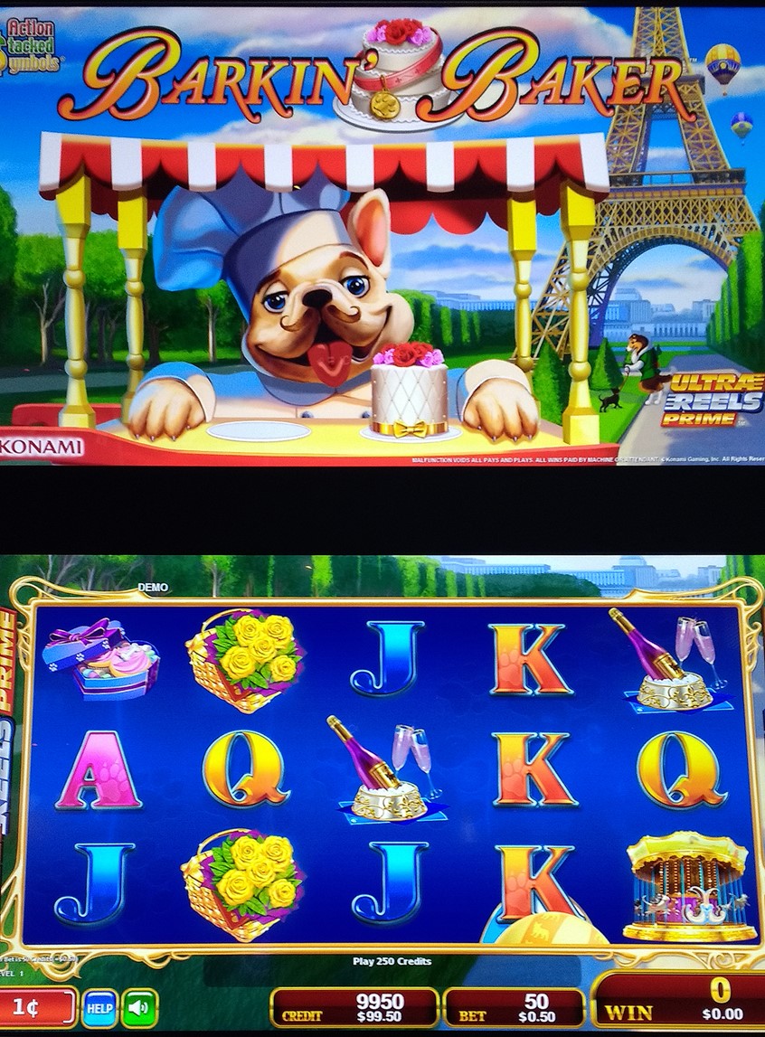 illustration of Sandra painted the top screen and did the animation of the dog for Barkin' Baker. The bottom screen and pic symbols were painted by Tony Foiti. This pixar-styled animated looking art features a french bulldog selling cakes in a vendor cart in front of the Eiffel Tower in Paris. A sheltie walks her cat in the background. The bulldog randomly pushes the Cake (Wild) on to the bottom game Screen. This is the Primary Game Screen.