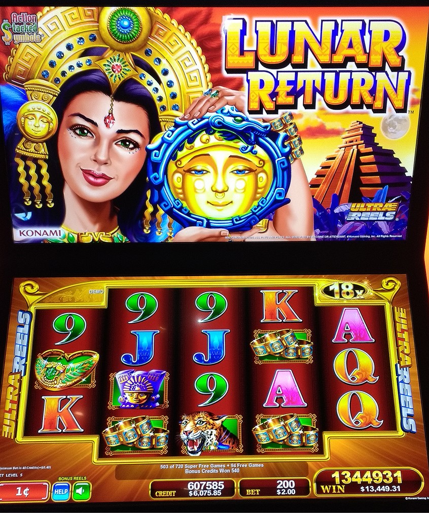 illustration of Lunar Return is Sandra's first Casino Slot Game and manufactured by Konami Gaming. Sandra was responsible for all the art assets except the logo and card symbols which are standard Konami. For the top Screen, Sandra painted the Aztec/Mayan Tribal Queen holding the Moon Goddess Scatter symbol. The Temple is in the background against the sunset. You can see the jaguar, necklace, statue, and gold bracelet pic symbols. This is the Primary Feature Super Free Games Screen.