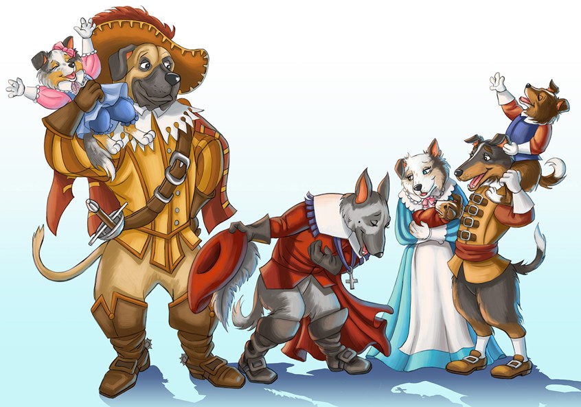 illustration of Porthos (English Mastiff) and Aramis (German Shepherd) as anthropomorphic dog musketeers meet d'Artagnan's brother (Smooth Collie), his wife (Australian Shepherd) and their children (shelties). Aramis is bowing deeply as Porthos has d'Artagnan's giggling niece on his shoulders. This is concept art from Sandra Chang-Adair's original children's book story based on Alexandre Dumas' characters. Sandra is actively looking for a publisher for her book.