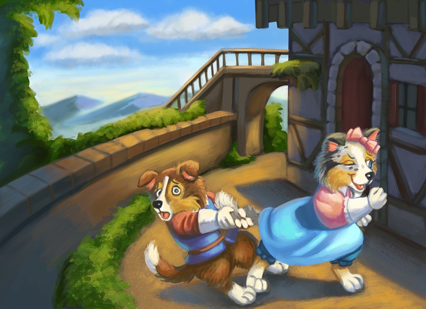 illustration of d'Artagnan's Nephew pulls on his sister's tail to keep her from getting into trouble. They are anthropomorphized as cute, Shetland Sheepdog children. Sandra was influenced by Beatrix Potter as a child and this is her homage. This is concept art from Sandra Chang-Adair's original children's book story based on Alexandre Dumas' characters. Sandra is actively looking for a publisher for her book.