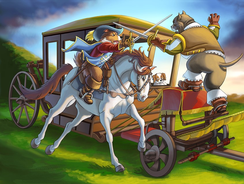 illustration of d'Artagnan (collie) rides a racing white horse and fights Horace (American Bully) on top of a runaway horse carriage. They battle it out with a swordfight. d'Artagnan tries to rescue a child (king charles spaniel), who is trapped inside the carriage. This is concept art from Sandra Chang-Adair's original children's book story based on Alexandre Dumas' characters. Sandra is actively looking for a publisher for her book.