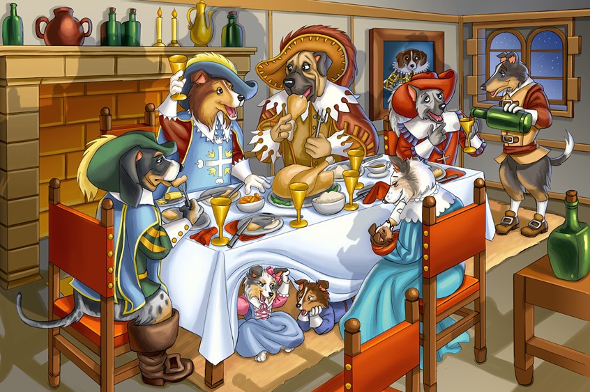 illustration of d'Artagnan (collie), Athos (grand bleu de Gascogne), Porthos (English Mastiff) and Aramis (German Shepherd) as anthropomorphic musketeer dogs are enjoying a hearty dinner with d'Artagnan's brother's family. d'Artagnan's family includes an Australian shepherd mix, a smooth collie, and sheltland sheepdogs. This is concept art from Sandra Chang-Adair's original children's book story based on Alexandre Dumas' characters. Sandra is actively looking for a publisher for her book.