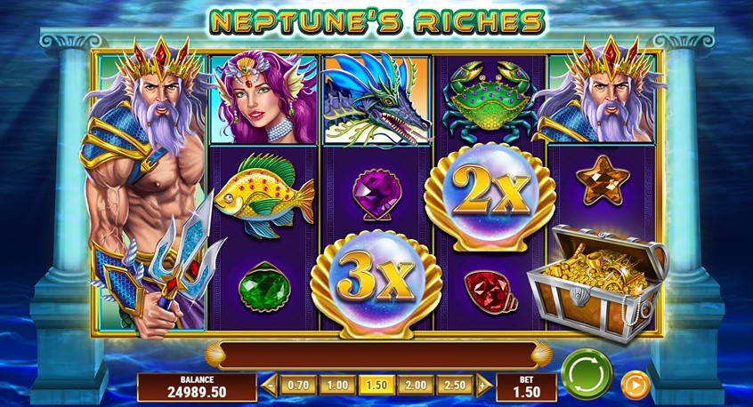 illustration of Concept art for an imaginary game called Neptune's Riches. The feature has full-reel Pic A's and 2x and 3x multipliers. The art was done in 8 - 1/2 days, 88 hours worth of work.