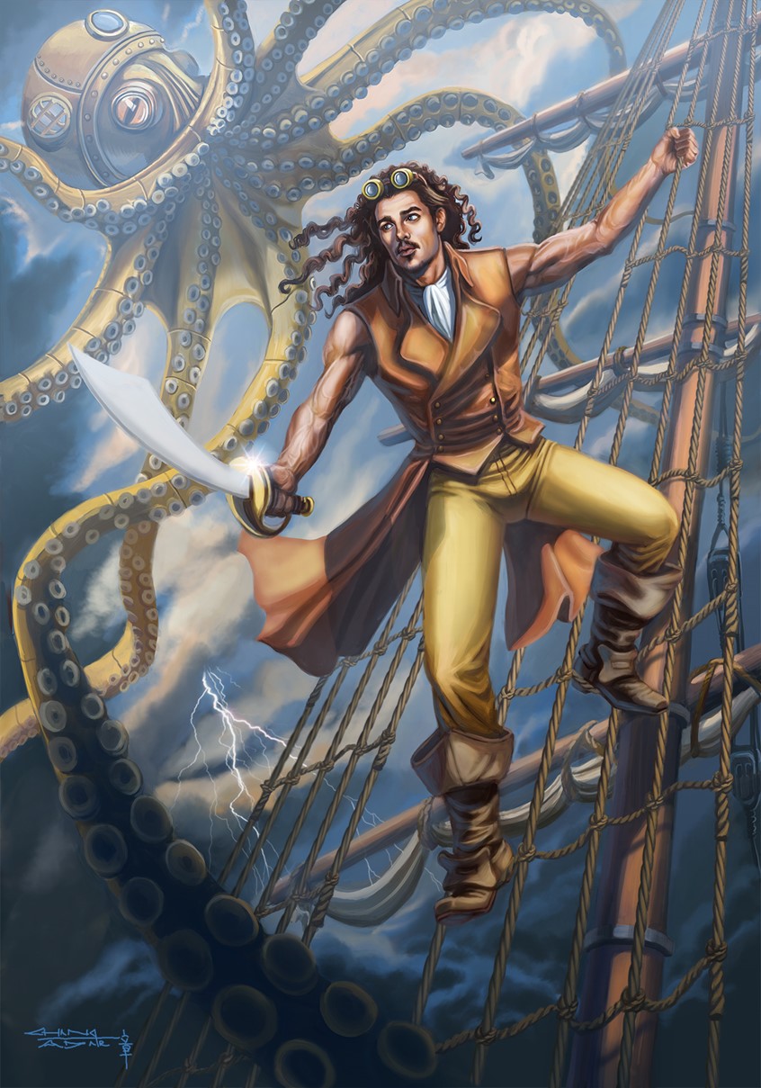 illustration of A steampunk mechanical octopus attacks a clipper ship. The brave buccaneer pirate brandishing a broad sword, (inspired by Alexander Dreymon from The Last Kingdom), bravely defends his crew. This is an original personal painting by Sandra that began in procreate and was finished in photoshop.