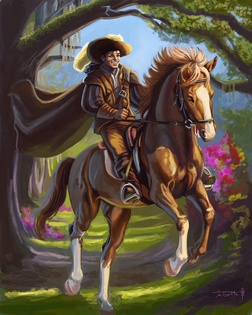 illustration of Michael Jackson as a musketeer riding a chestnut brown stallion. Michael Jackson loved dressing up in costumes and Sandra, a long time MJ fan, imagined what he would look as a musketeer from Alexandre Dumas's classic. This is another personal piece, incorporating the light and color of a sunny forest day. Michael Jackson's likeness © Michael Jackson Estate.