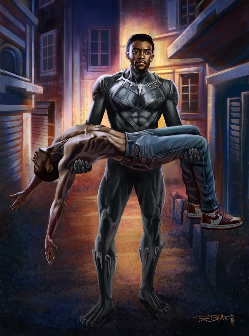 illustration of Black Panther carries the body of a prone black man through an alley way of a city. His expression is of disappointment at the racial discrimination and violence in America. Such things do not happen in Wakanda. This is a personal painting done by Sandra as a response to the social climate in the United States. All races are part of humanity and should exist in harmony. Chadwick Boseman was a great actor and his portrayal as T'Challa will live on. Black Panther © Marvel Comics.