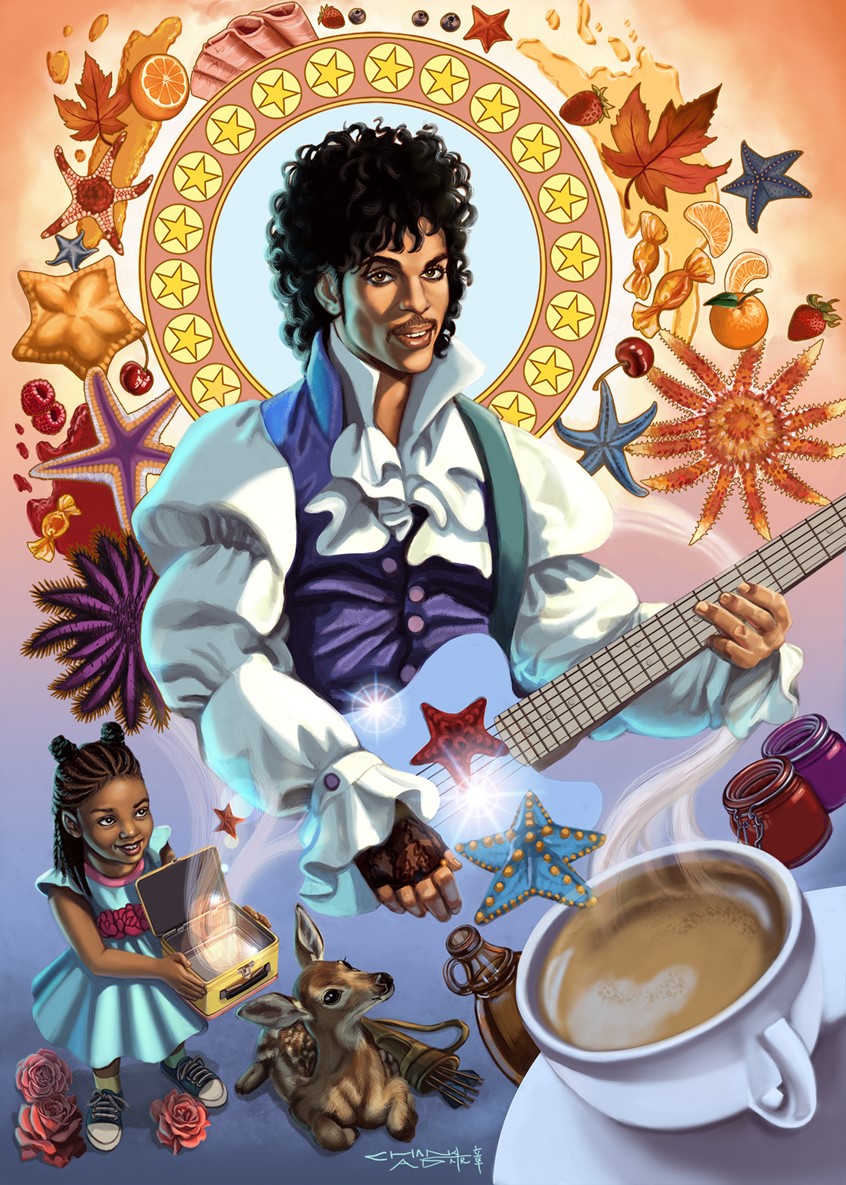 illustration of Prince Rogers Nelson, the incomparable musician, is painted by Sandra Chang-Adair to commemorate his birthday, June 7, 1958. The imagery is inspired by Sandra's favorite Prince song, Starfish and Coffee. Pictured is also Cynthia Rose and her lunchbox full of starfish and coffee, maple syrup and jam, butterscotch clouds, a tangerine and a side order of ham. If you set your mind free, baby, maybe you'd understand. Prince's likeness © Prince Estate.