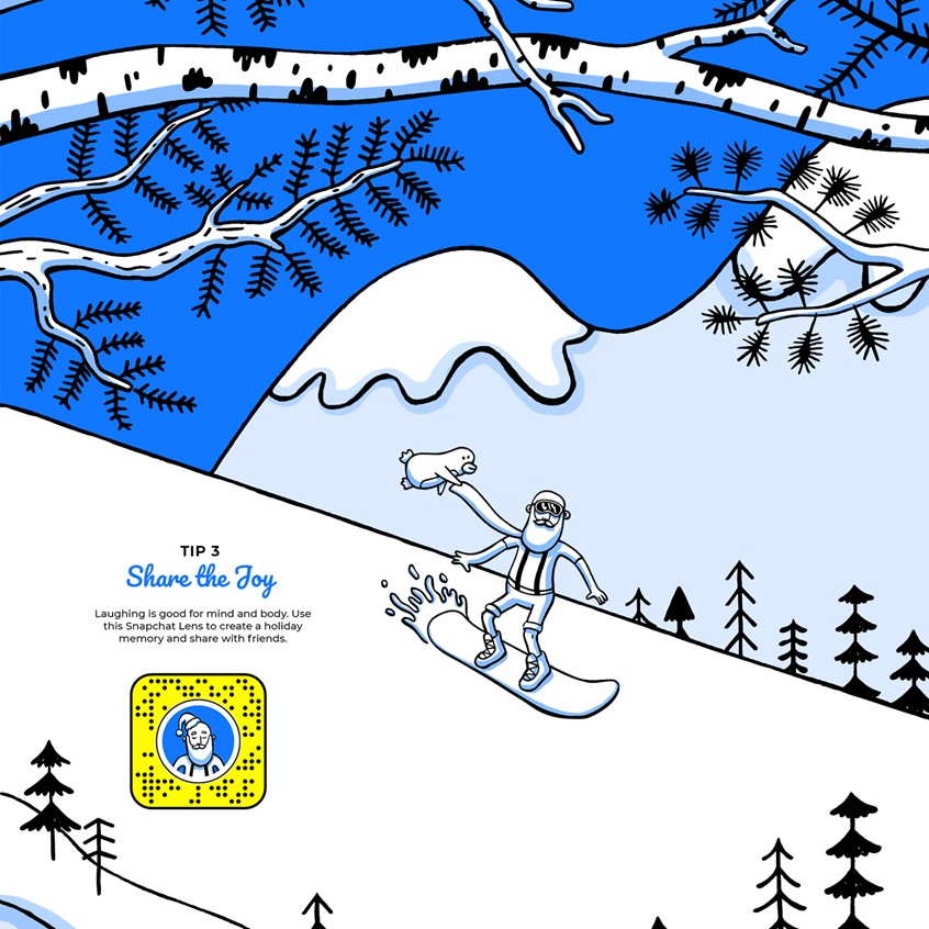 illustration of An award winning Christmas microsite hand illustrated featuring a character created by me called Zen Santa.
Yoga, hipster, tone on tone, cartoon blue, penguin, snowman, ice, icebergs, responsively web design, storybook, character development, chill, owl, trees, winter, wonderland, snowboard, pine trees, mountains, snapchat, QR code.