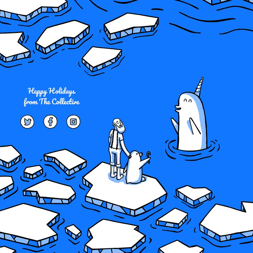 illustration of An award winning Christmas microsite hand illustrated featuring a character created by me called Zen Santa.
Yoga, hipster, tone on tone, cartoon blue, penguin, snowman, ice, icebergs, responsively web design, storybook, character development, chill, owl, trees, winter, wonderland, snowboard, pine trees, mountains, snapchat, QR code, waterfall.